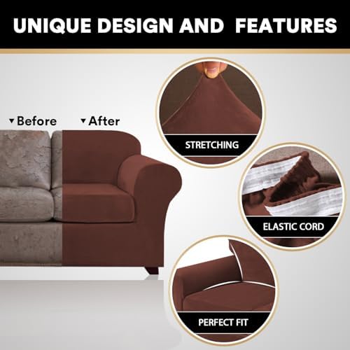 PrinceDeco Velvet Couch Covers for Sofa Soft 4 Pieces Couch Covers for 3 Cushion Couch Sofa Pet Friendly Furniture Protector with Non Slip Elastic Bottom Width Up to 90 Inch (Large, Burnt Brick)