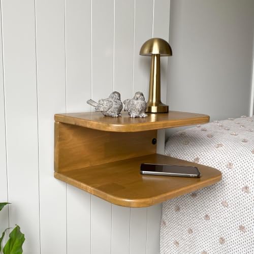 Floating Nightstand Wooden, Solid Alder Wood Bedside Table, Wall Mounted Shelf with LED Option, Slim Side Table with Open Storage, Varnish Finish (Natural, Without LED, 11.0, Inches)