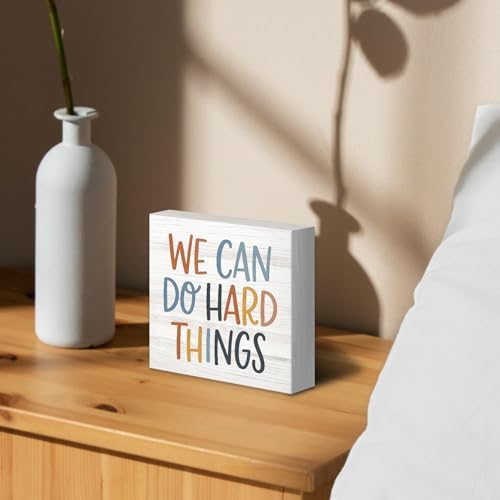 Inspirational Kids Classroom Wood Box Sign Desk Decor 5X5, We Can Do Hard Things Wooden Block Sign Decorations for Kids Nursery Bedroom Room Playroom Desk Table Wall Tabletop Shelf Decor