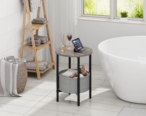 Vagusicc Small Round Side Table, Accent End Table with Fabric Basket, Drink Table Coffee Table for Small Spaces, Sofa Corner Table,Bedside Table,Modern Nightstand for Living Room, Bedroom, Gray
