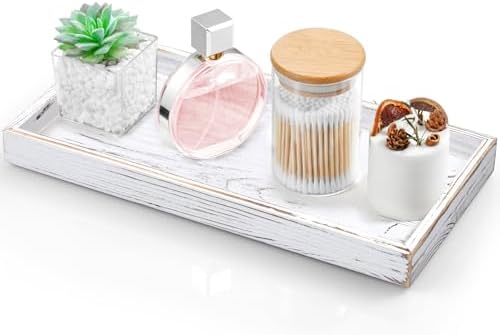 ALELION 13" White Bathroom Vanity Tray for Counter - Wood Decorative Tray for Toilet Tank Makeup Perfume Jewelry Catchall Table - Wooden Kitchen Countertop Organizer for Soap Dispenser