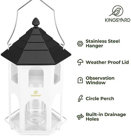 Kingsyard Metal Bird Feeder for Outdoor Hanging, Wild Bird Feeders with Circular Perch, Easy to Clean & Refill, 4 lbs Large Seed Capacity, White