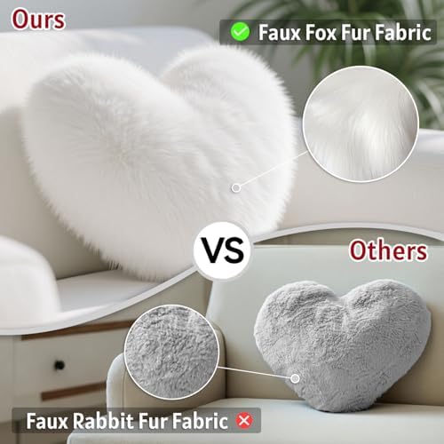 White Heart Pillow, Faux Fox Fur Heart Decorative Pillows, Heart Shaped Throw Pillow for Bed, Soft Fluffy Decorative Cushion for Chair Sofa Living Room - Plush Pillow Home Decor