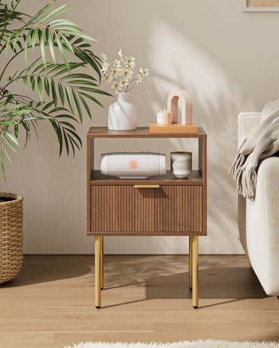 Aienvey Nightstand with One Drawer, WalnutStripe Night Stand and Gold Frame