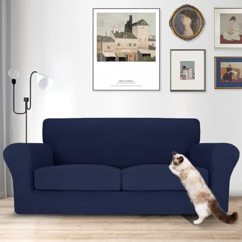 MAXIJIN 3 Piece Couch Covers for 2 Cushion Couch Sofa Cover, Stretch Loveseat Sofa Slipcovers for Sofas with 2 Large Cushions, Thick Dogs Pet Furniture Covers (71"-91", Navy Blue)