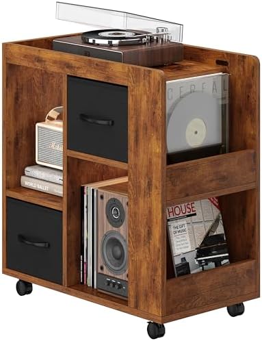 Yaheetech Narrow End Table Storage Drawer Rolling Shelves, Rustic Brown