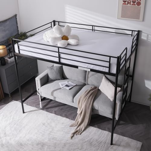 VINGLI Loft Bed Full Size with Flat Rungs for Adults, Kids and Young Teens, No Box Spring Required,Heavy Duty Metal Slat Support,Black