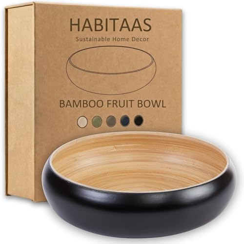 Fruit Bowl for Kitchen Counter – Handmade Spun Bamboo, Large 11.75" Fruit Basket, Eco-Friendly Decorative Serving Bowl for Home Decor, Produce Storage & Centerpiece (Black)