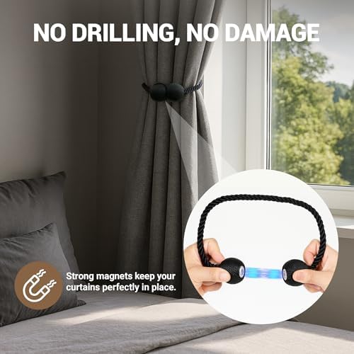 Hion Magnetic Curtain Tiebacks Black 6pcs, Curtain Holdbacks Hooks Holders