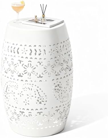18" Cutout Metal Outdoor Side Table, Modern Drum Accent Table,White