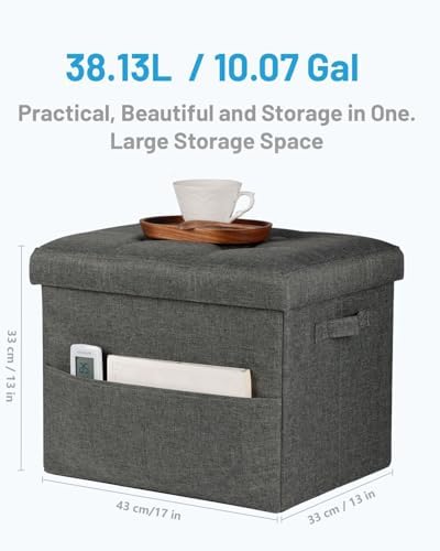 Bsketa Storage Ottoman Bench,17" Folding Linen Foot Rest Stool,Dark Gray