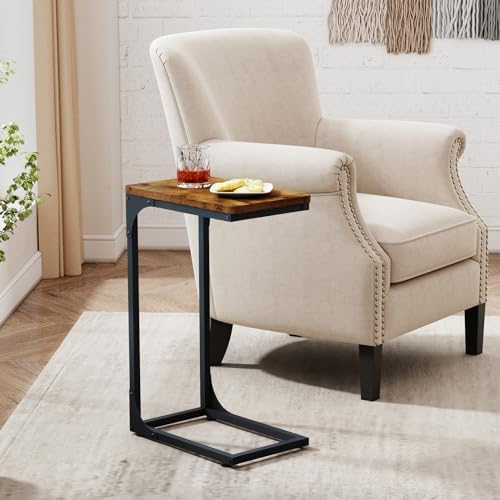 QEEIG Narrow C Shaped Side Table Set of 2 (9.5" Width, Brown)