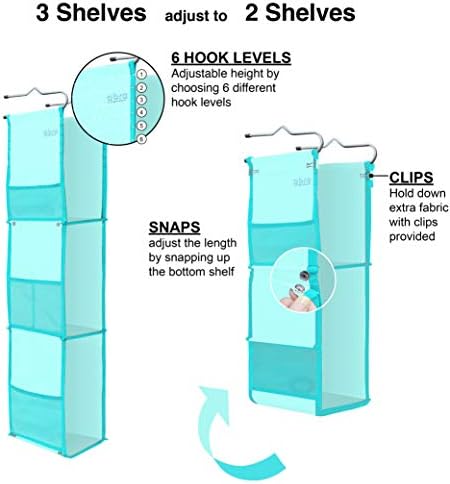 ABRA® 3 Shelf Hanging Locker Organizer for School, Work, Gym, Storage | Deep Shelves 6.5" x 9”| Eco-Friendly Fabric | Adjustable School Locker Shelf from 3 to 2 Shelves (Ocean Turquoise).5