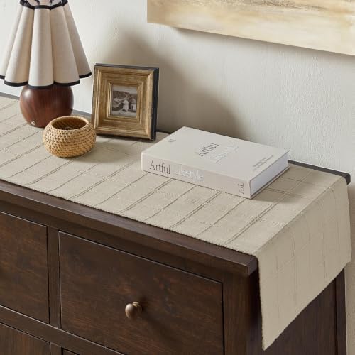 ZeeMart Linen Checked Farmhouse Table Runner, 13x48 Inches Oatmeal