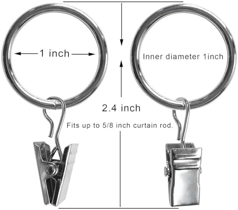44 Pack Metal Curtain Rings with Clips, 1 in ID, Silver