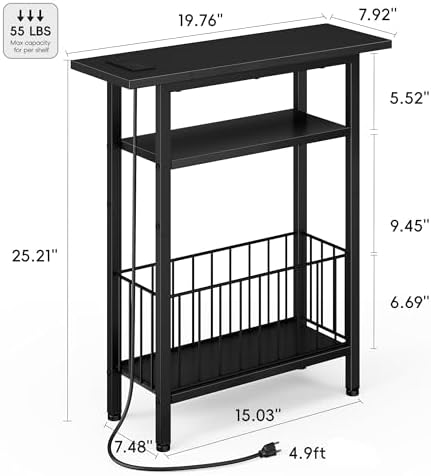 Vagusicc Narrow Side Table with Charging Station, 3-Tier Skinny Side End Table for Couch, Small End Tables for Small Spaces, 25.2" Tall Slim Nightstand Bedside Table for Living Room, Bedroom, Black