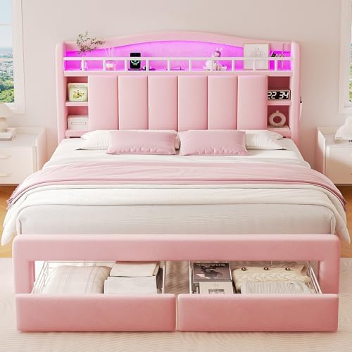 Kids LED Bed Frame with Storage Headboard & 2 Storage Drawers (Full&Pink)
