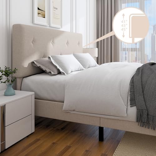 Full Size Linen Bed Frame with Adjustable Headboard Beige