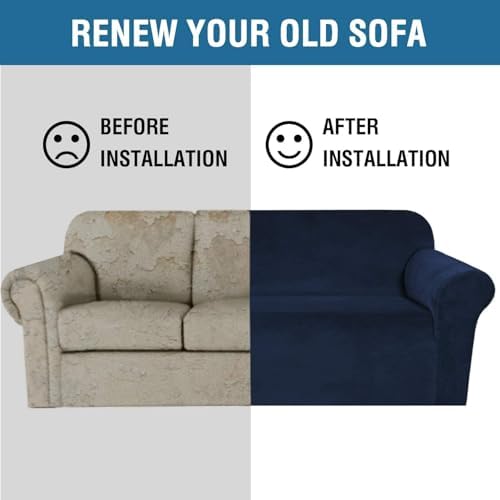 H.VERSAILTEX Stretch Velvet Sofa Covers for 3 Cushion Couch Covers Furniture Protector Soft with Non Slip Elastic Bottom, Crafted from Thick Comfy Rich Velour (Large Sofa 90"-97", Navy)