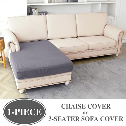 LA MEACK Couch Cushion Cover Chaise Lounge Cover Washable Separate Seat Chaise Couch Cover Stretch Sectional Sofa Slipcover(1 Piece for Chaise or Sofa 3-Seater, Light Grey)