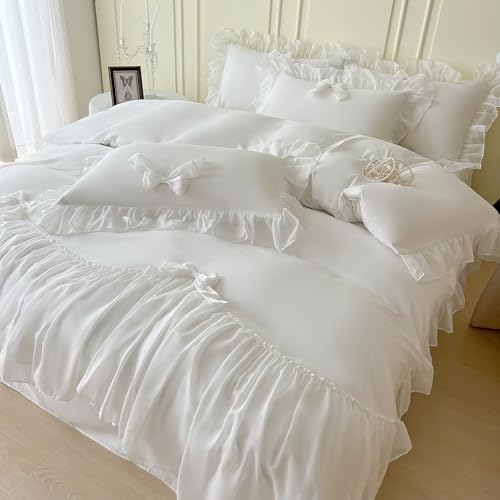 SOUKECHY Girls Lace Bedding,Full Comforter Cover Set, Chic Ruffled Duvet Cover with Lovely Bow,Princess Style 1 Duvet Cover with 2 Pillowcases, No Comforter-White,Full Size