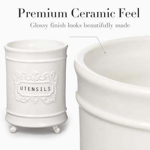 Mud Pie Circa Ceramic Utensil Holder, Kitchen Countertop Crock, White