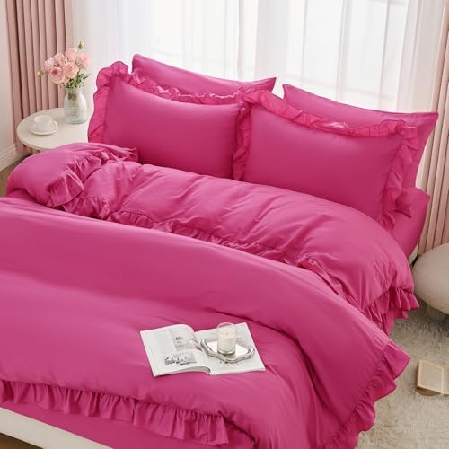 Horbaunal 5 Pcs Hot Pink Ruffle Duvet Cover Queen Size Soft Microfiber Shabby Chic Ruffled Duvet Cover Set, Vintage French Country Ruffle Bedding Set with Zipper Closure & Corner Ties, 90" x 90"