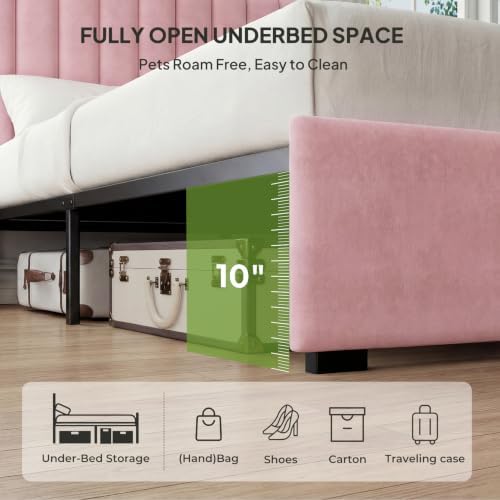 Welzona Queen Size Velvet Upholstered Bed Frame with Tufted Headboard, Pink