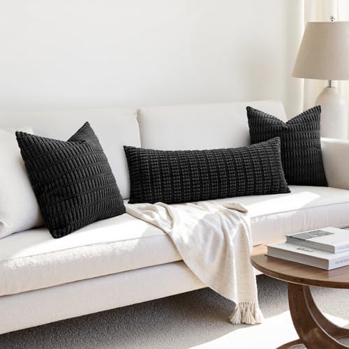 MIULEE Lumbar Corduroy Throw Pillow Cover for Bed 14x36 Black Pack of 1