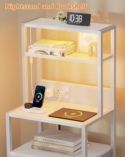 Furnulem White Nightstand, Tall Night Stand with Charging Station