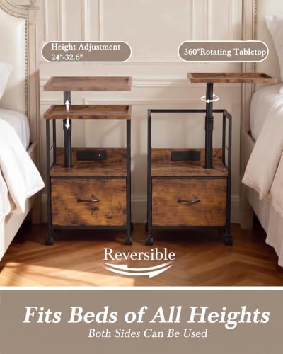 Faesun Night Stand with Charging Station & Swivel Tray Top, Brown