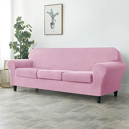 OBCREAT 4 Pieces Sofa Slipcover Stretch Velvet Sofa Covers for 3 Cushion Couch Soft Couch Cover with Elastic Bottom Non Slip Furniture Protector for Pets Kids (Pink, Large)