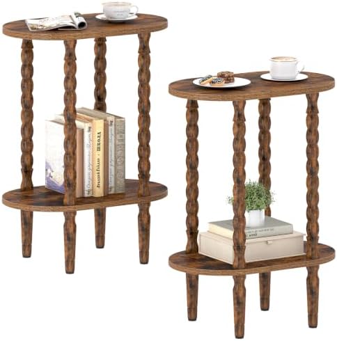 TUTOTAK Narrow Side Table with Solid Wood Legs, Oval End Table Set of 2