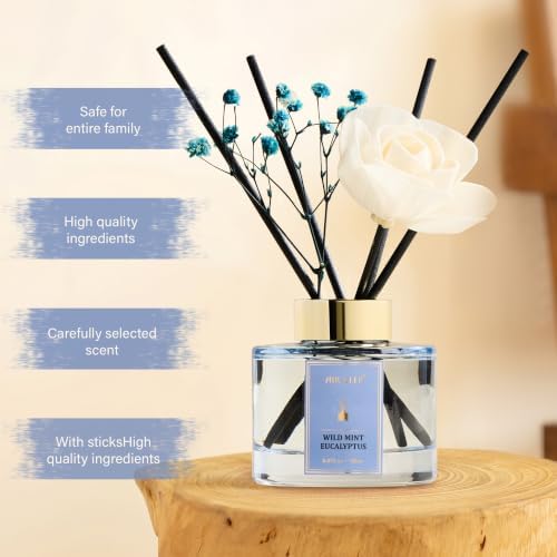 Airkeep Flower Reed Diffusers Set, 5.07 oz Wild Mint&Eucalyptus Scented Oil Diffuser with 8 Reed Sticks, Home Fragrance Diffuser Gift Set for Bathroom & Office Decor 150ml