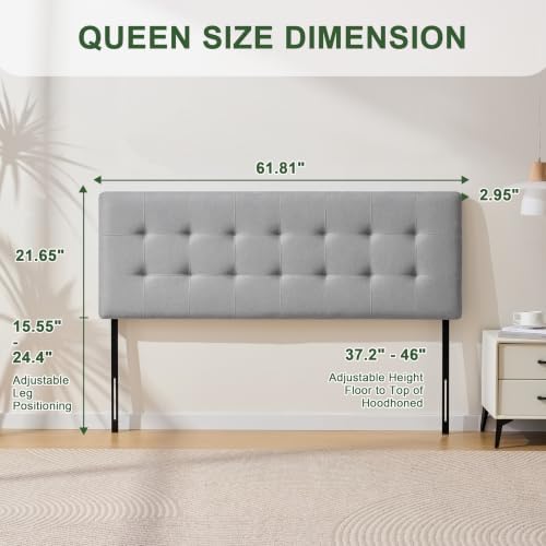 Linen Stitched Tufted Queen Headboard, Adjustable Height 37.2-46 in, Gray