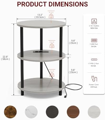 XBurmo Small Round End Table - 3 Tier Design Accent Table, Narrow Side or Bedside Stand, Industrial Vintage Table for Small Spaces, Built-in USB Ports and Power Outlet, Greige