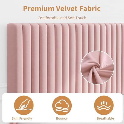 GAOMON King Bed Frame with Adjustable Headboard, Velvet Upholstered Platform King Size Bed Frame, Vertical Channel Tufted, Strong Wooden Slats, No Box Spring Needed, Easy Assembly, Pink