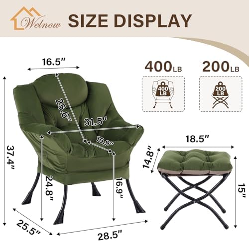 Welnow Lazy Chair with Ottoman, Reading Chair with Footrest, Army Green