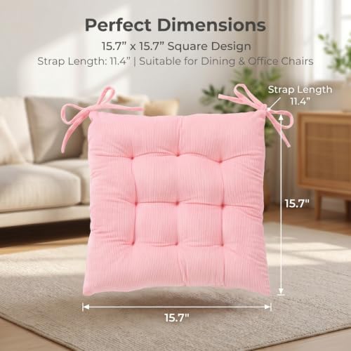 HLOVME Corduroy Chair Cushion with Ties Ultra Soft Warm Floor Cushion for Kids Reading Nook Comfortable Square Seat Cushion for Adult 15.7”x15.7” Set of 2, Pink