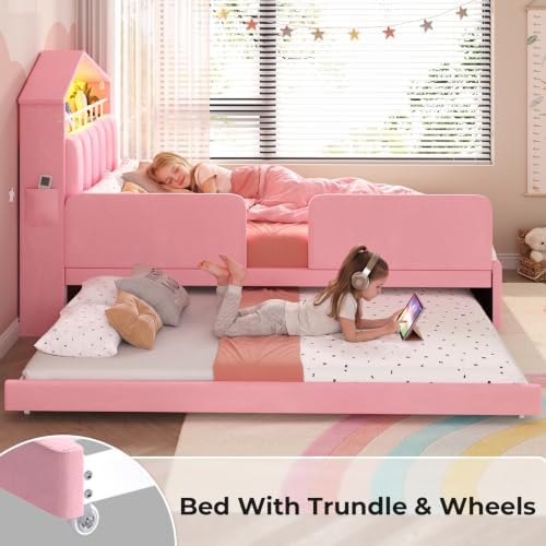 ADORNEVE Twin Size Bed Frame with Trundle & LED Lights,Pink