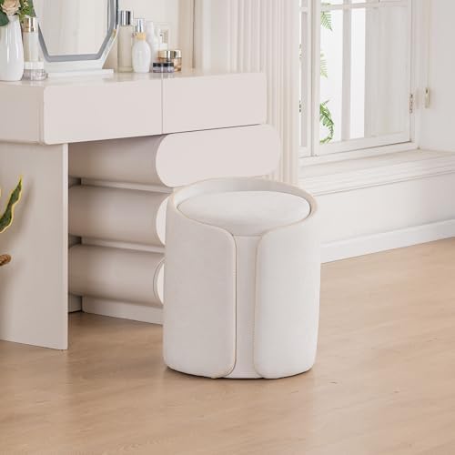 Storage Vanity Stool with Gold Base Comfy Vanity Chair Modern Round Stool for Makeup Vanity Ottoman Foot Rest for Bedroom livingroom, Beige