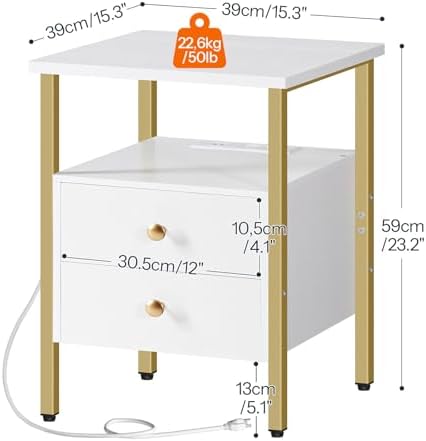 HOOBRO End Table with Charging Station, Bedside Table with Drawers