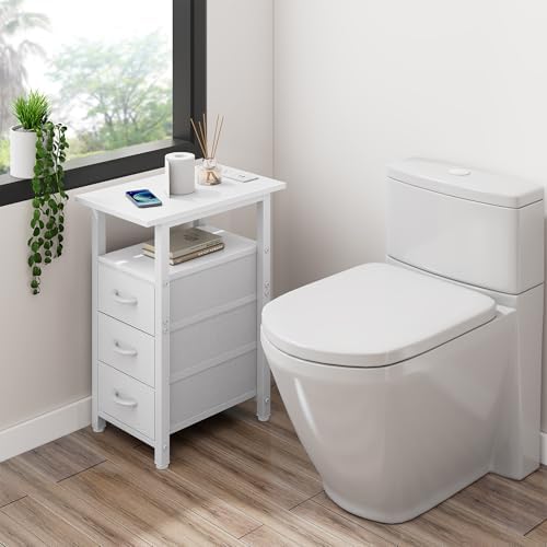Vagusicc Set of 2 White Nightstand with Charging Station and LED Lights, Narrow End Table, LED Night Stand with 3 Fabric Drawers for Bedroom, Small Bedside Table, Narrow Side Table for Small Spaces