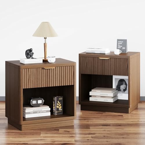 Fluted Nightstand Set of 2 with Charging Station,Drawer & Open Shelf,Walnut