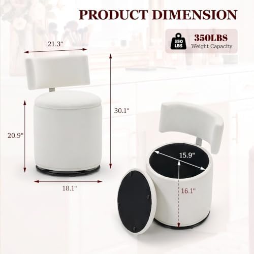 Swivel Vanity Chair with Storage, Velvet Makeup Stool with Higher Back for Living Room, Bedroom, Dressing, White