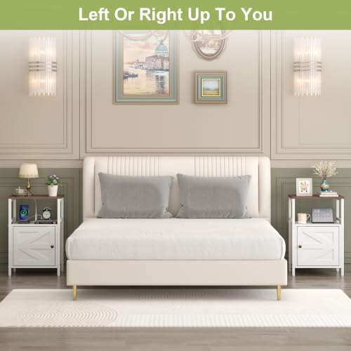 Bedside Table with Charging Station Side Table for Small Spaces White