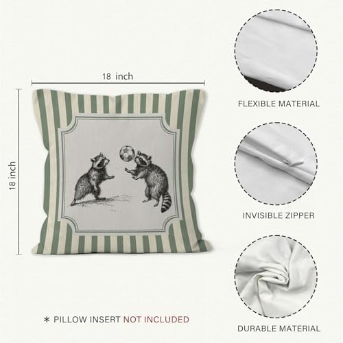 Funny Soccer Raccoon Sports Throw Pillow Cover 18x18, Sage Green Striped Raccoon Decorative Pillow Covers for Kids Boys Room Bedroom Playroom, Sports Nursery Decor Accent Pillows Cover Pillowcases