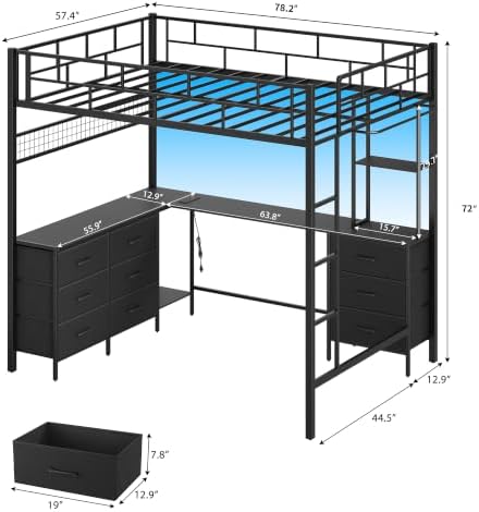 Full Size Loft Bed with L-Shaped Desk and Storage, Black