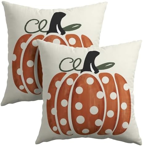 Fall Pumpkin Throw Pillow Cover 16X16 Inch Set of 2 Autumn Orange Pumpkin Outdoor Pillow Cases Polka Dot Beige Thanksgiving Farmhouse Square Cushion Covers for Sofa Couch Porch Patio Home Decor