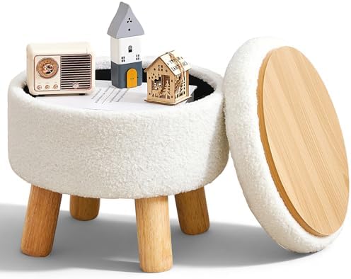 Small Ottoman with Storage, Small Storage Ottoman Round, Sherpa Foot Stool with Legs, Ottomans and Footstools for Living Room and Entryway (White)